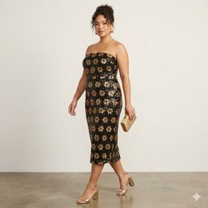 Alex Marie Womens Dress 12 Large Gold Black Strapless Sequin Embroidery Midi 771